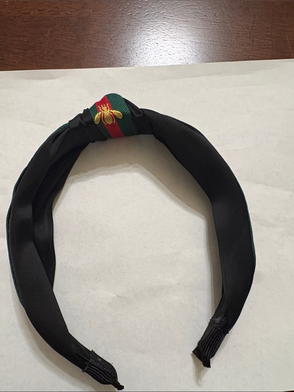 Black Headband with Green and Red Accent and Gold Bee Embroidery